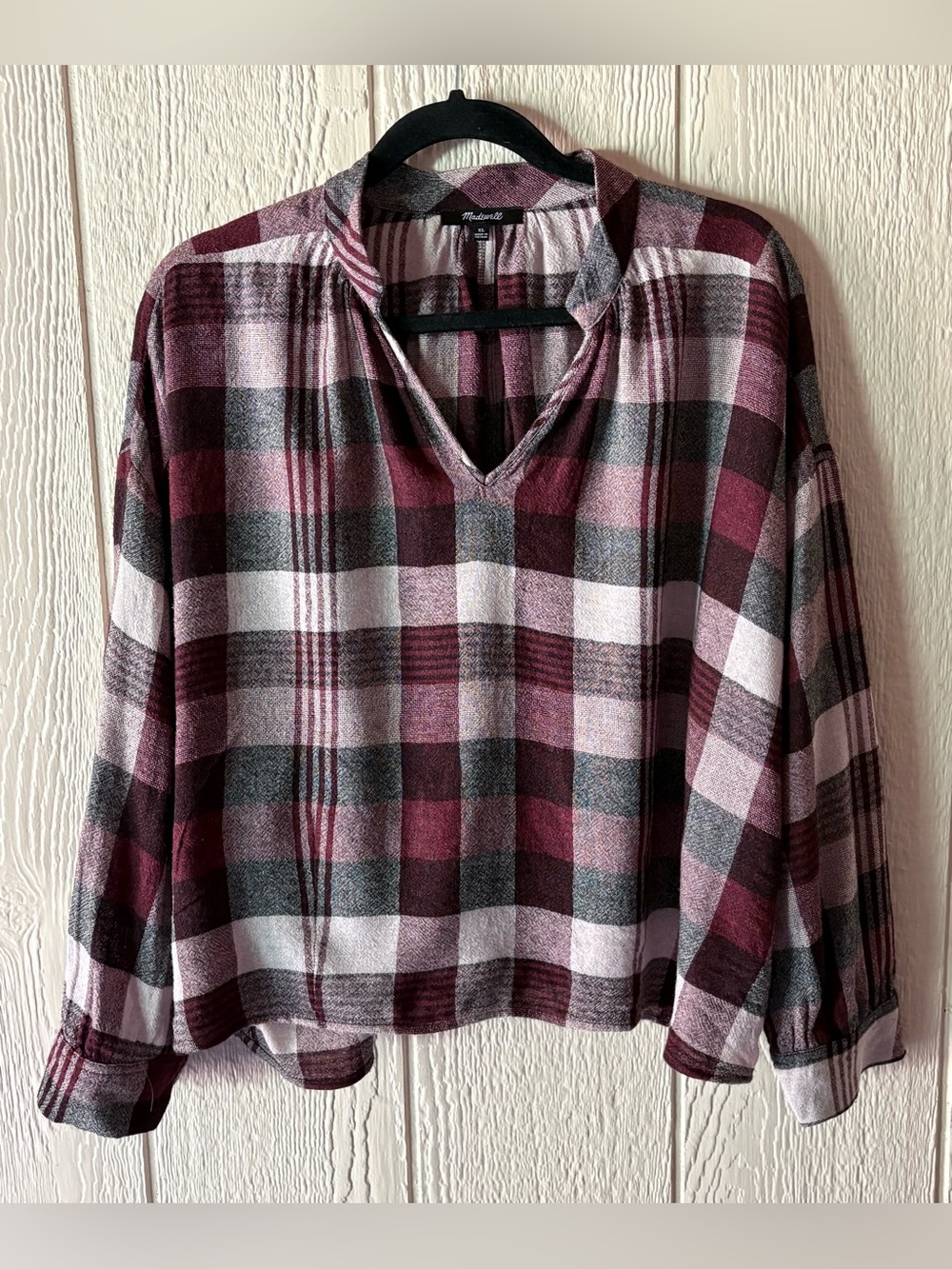 Madewell XL Burgundy Plaid Wool Blend Oversized Popover Blouse
